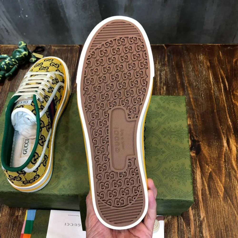 Gucci Yellow GG Canvas Sneakers with Green Trim and Red-Blue Web